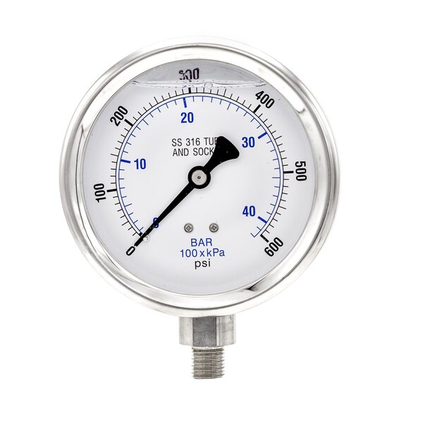 Pro 4 in Dial, 0/600 PSI & Bar, 1/4 in NPT, Lower Mount Glycerin Filled Pressure Gauge PRO-301L-404K-01 - main